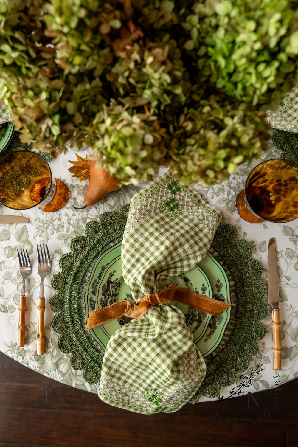 green grandmillennial fall tablescape inspiration