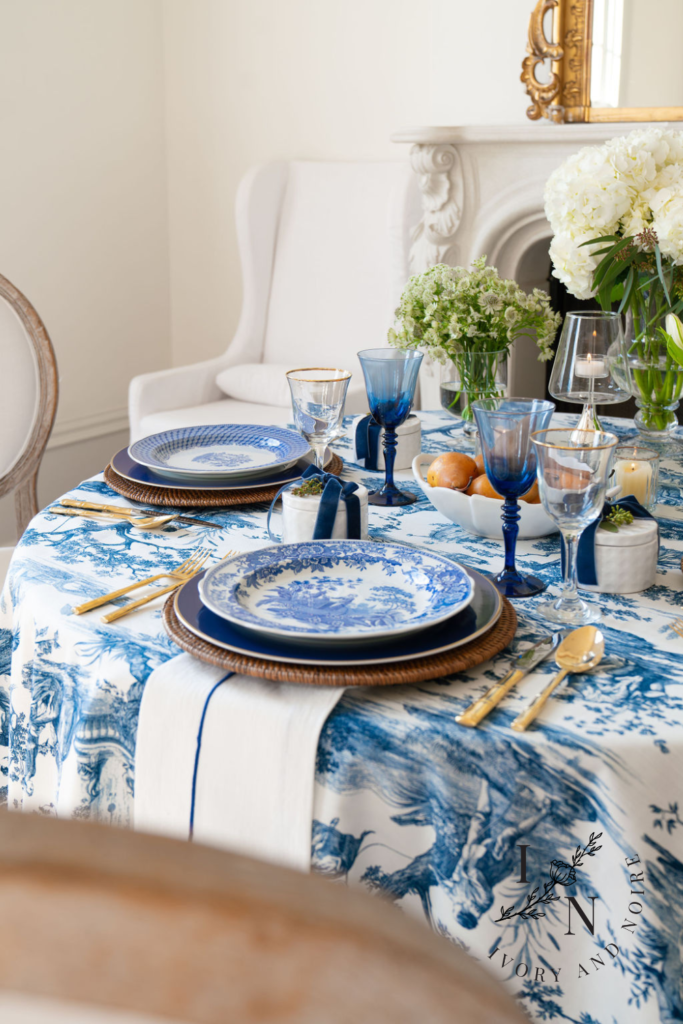 elegant blue and white tablescape