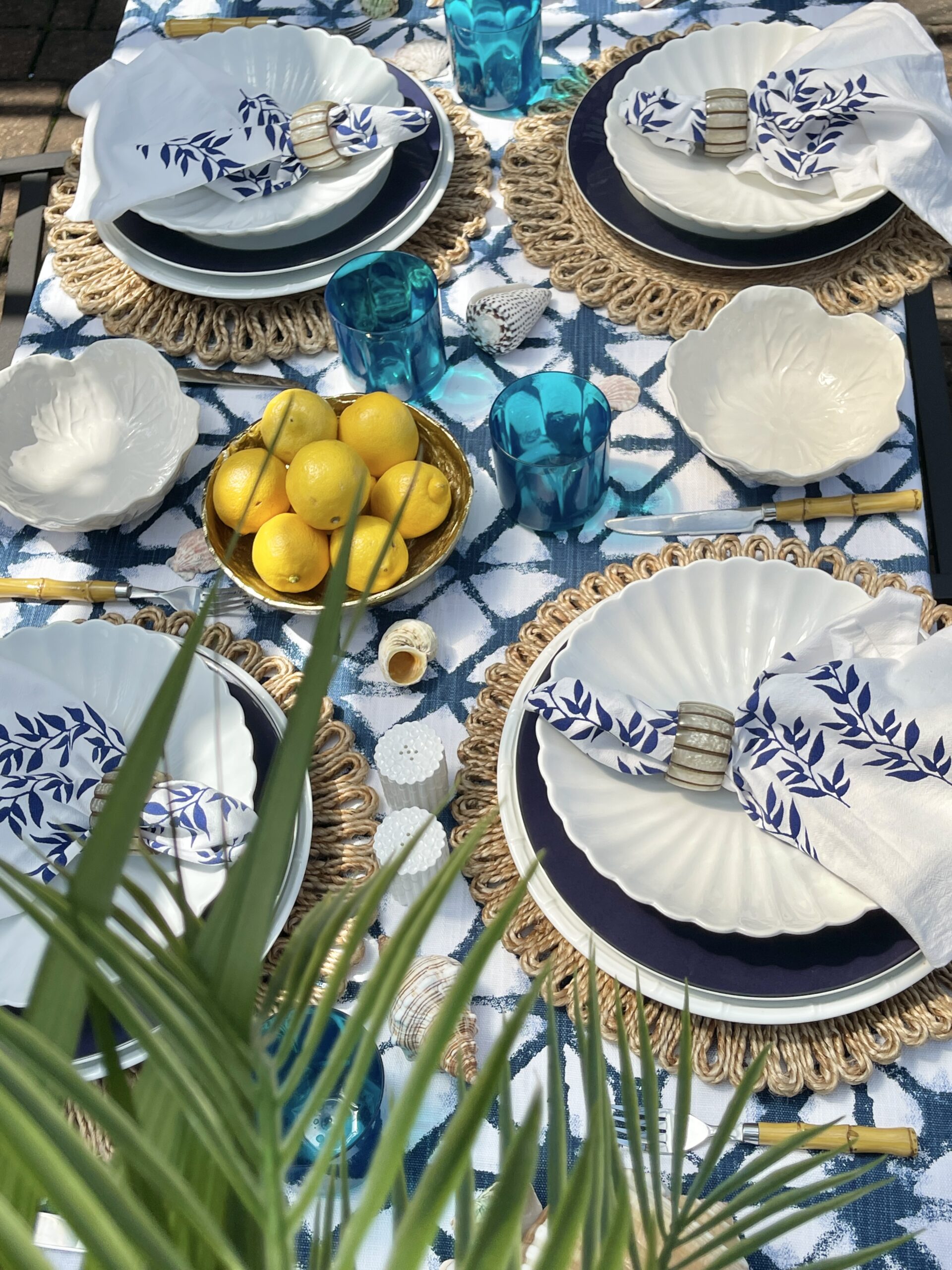 blue and white tropical table setting idea
