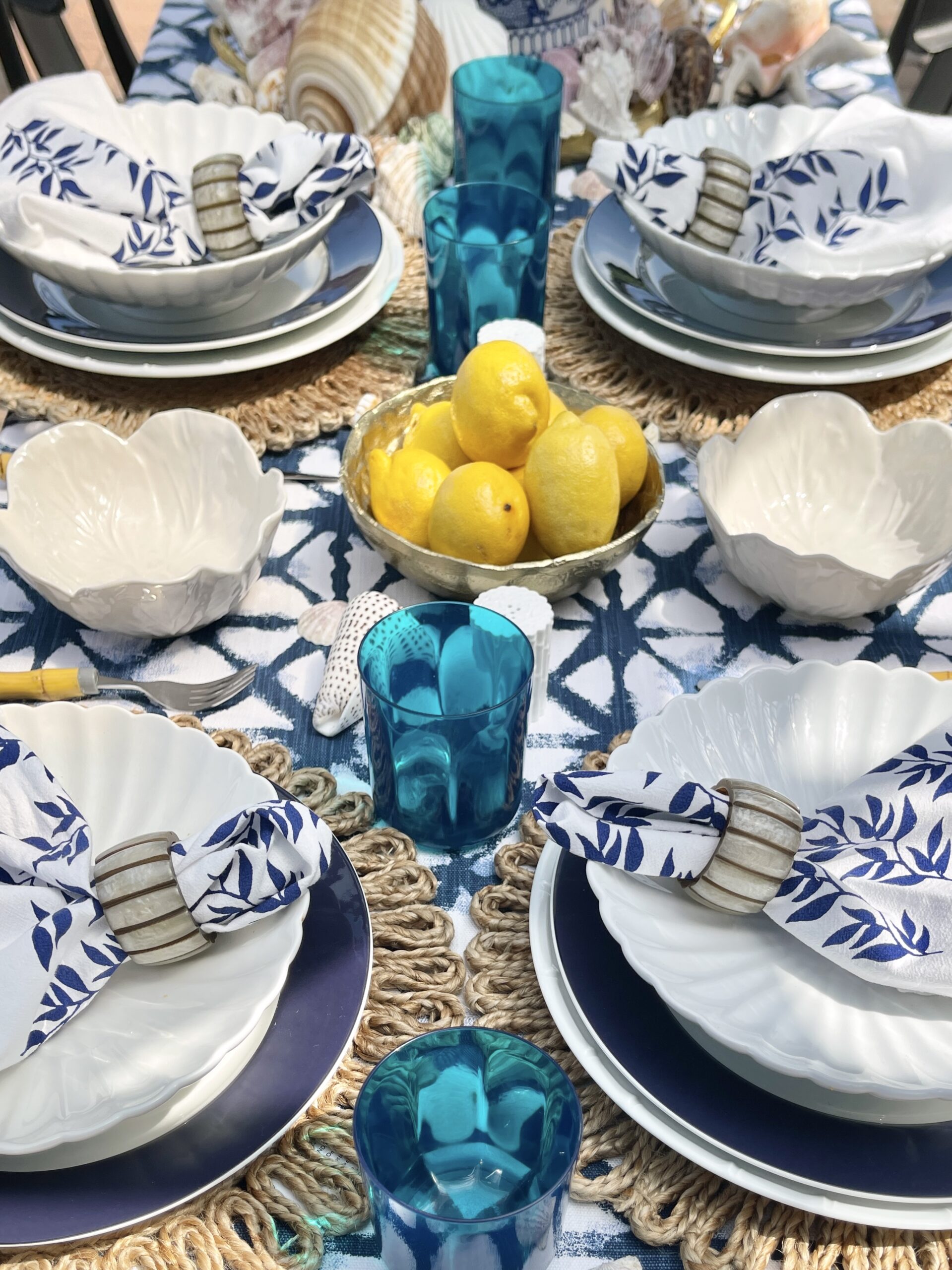 blue and white tropical table setting idea
