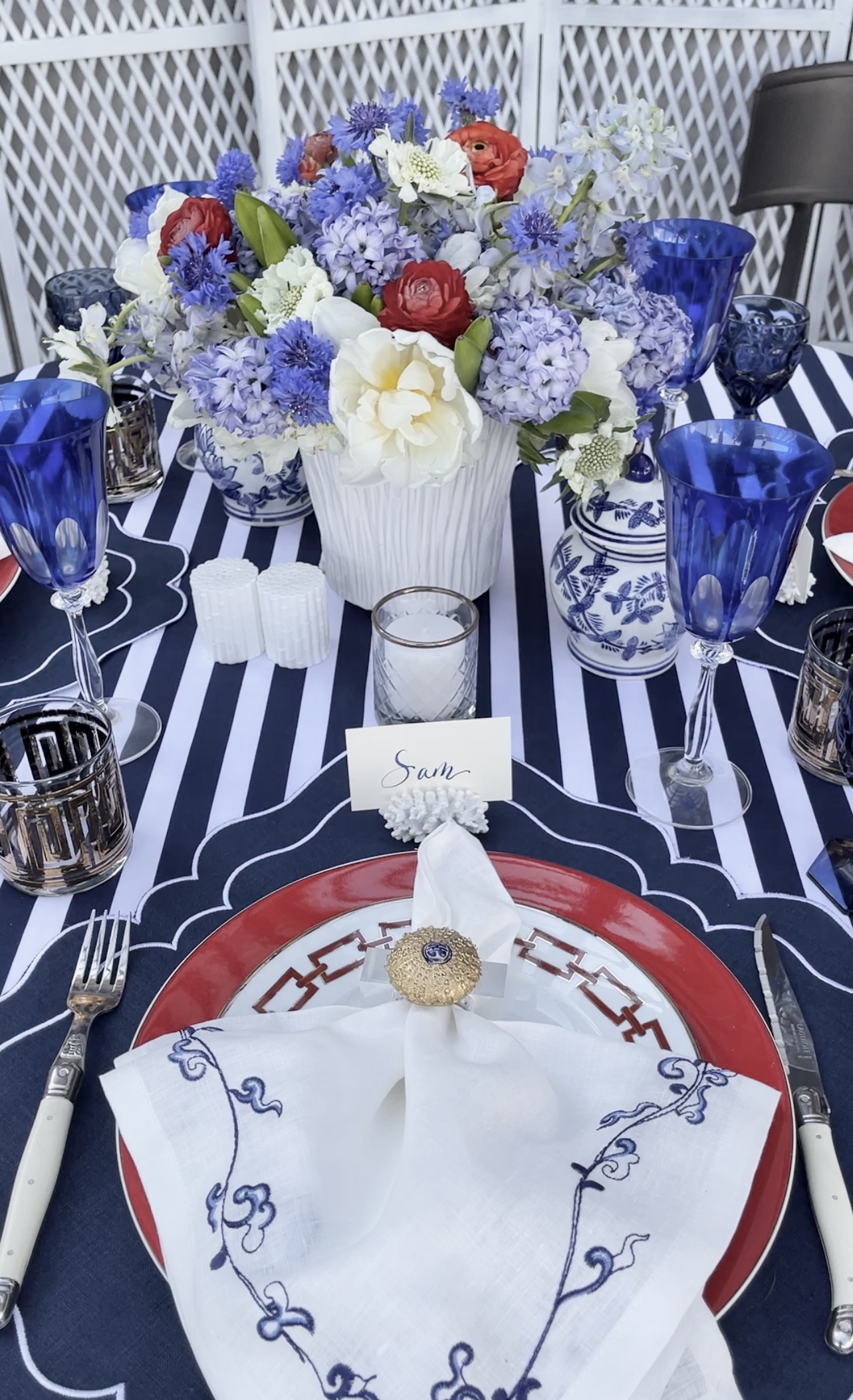 red white and blue table setting