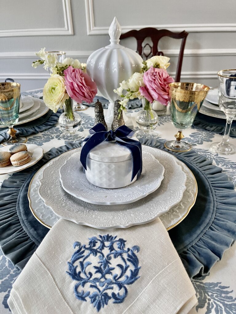 blue and white mothers day tablescape idea