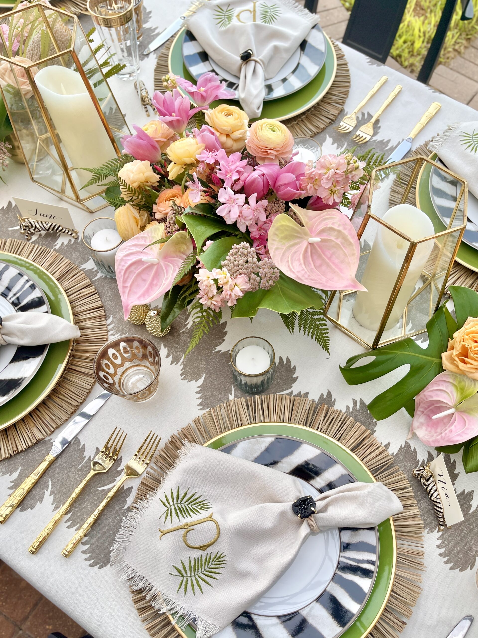 tropical safari table setting inspiration with pastel colors