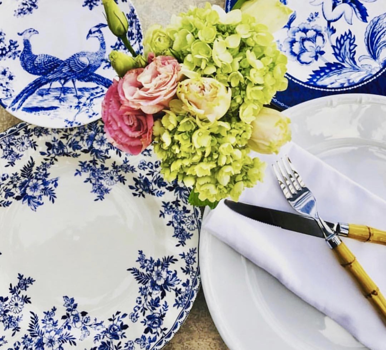 blue and white place setting