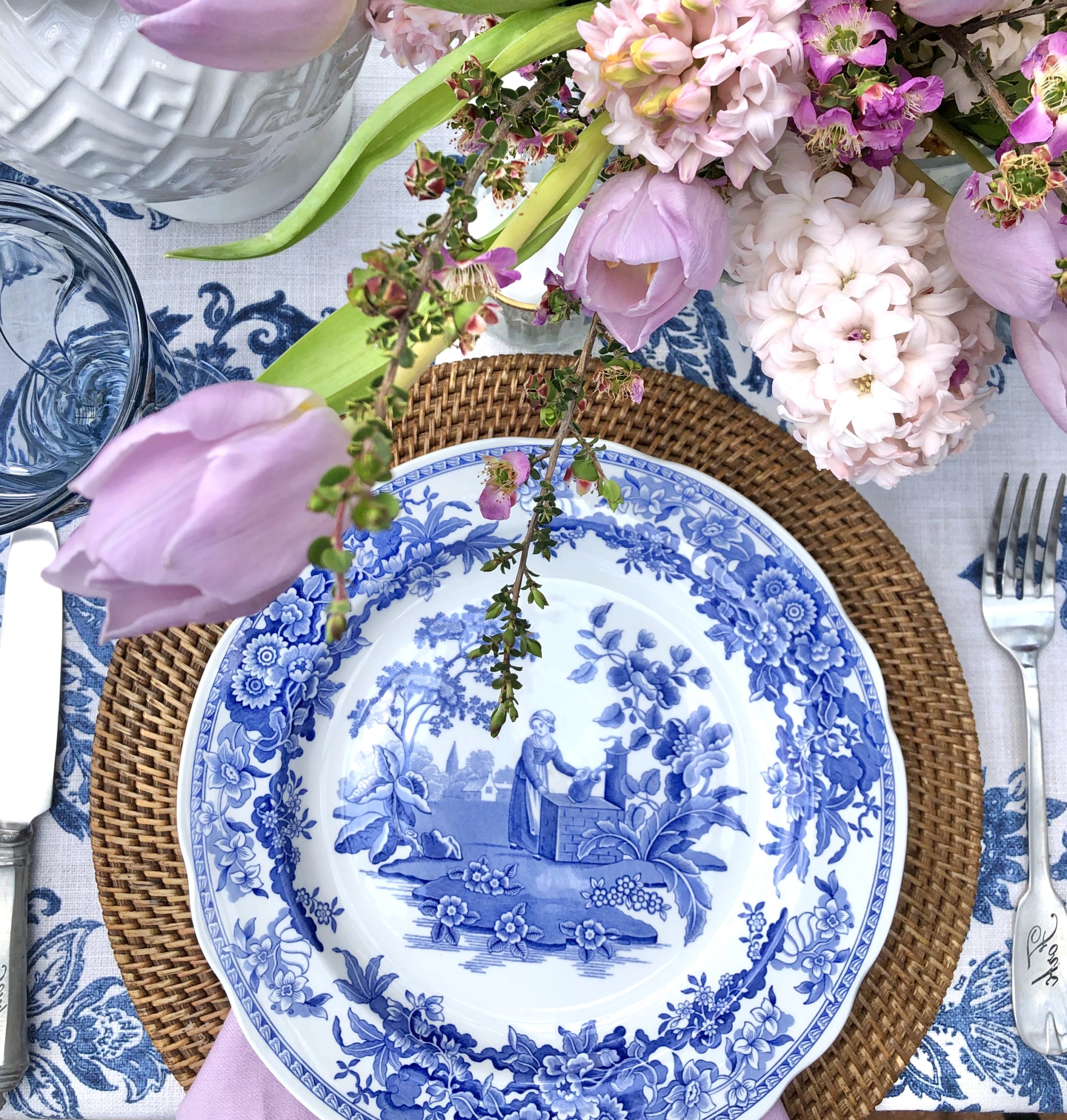 Blue and white place setting