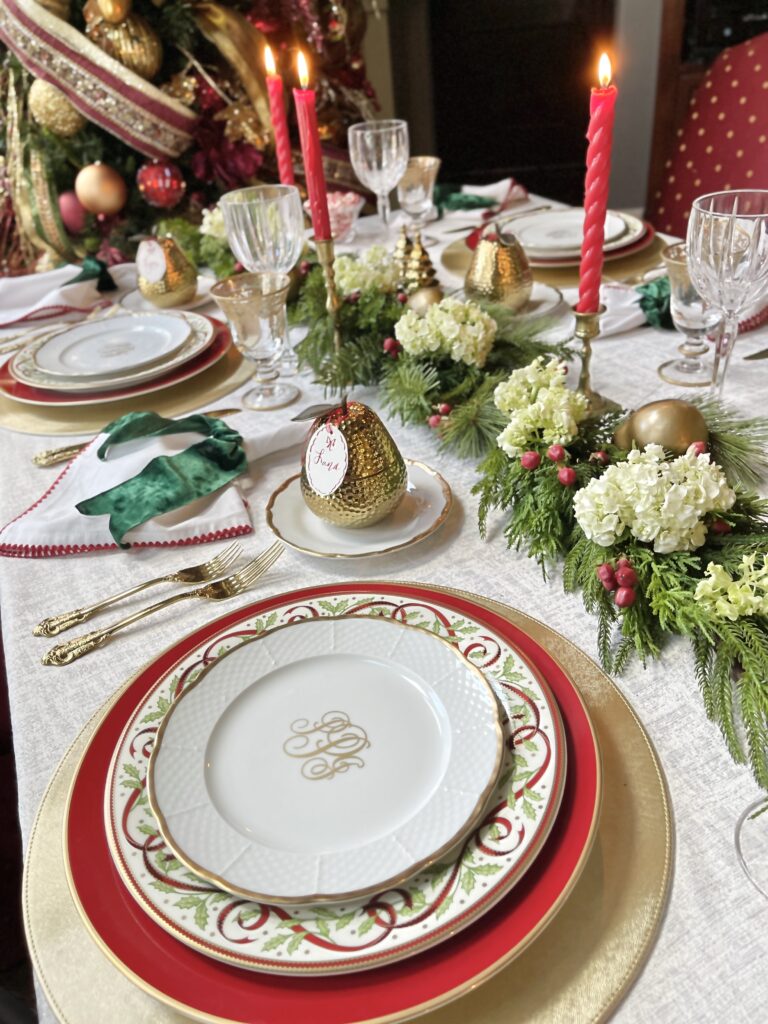 classic red and green christmas table setting