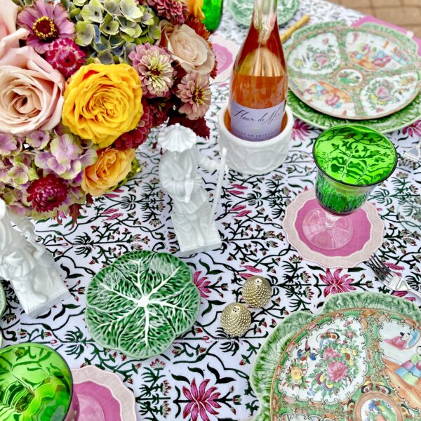 Chinoiserie Fall Tablescape Idea: Bright Colored Fall Themed Table Setting