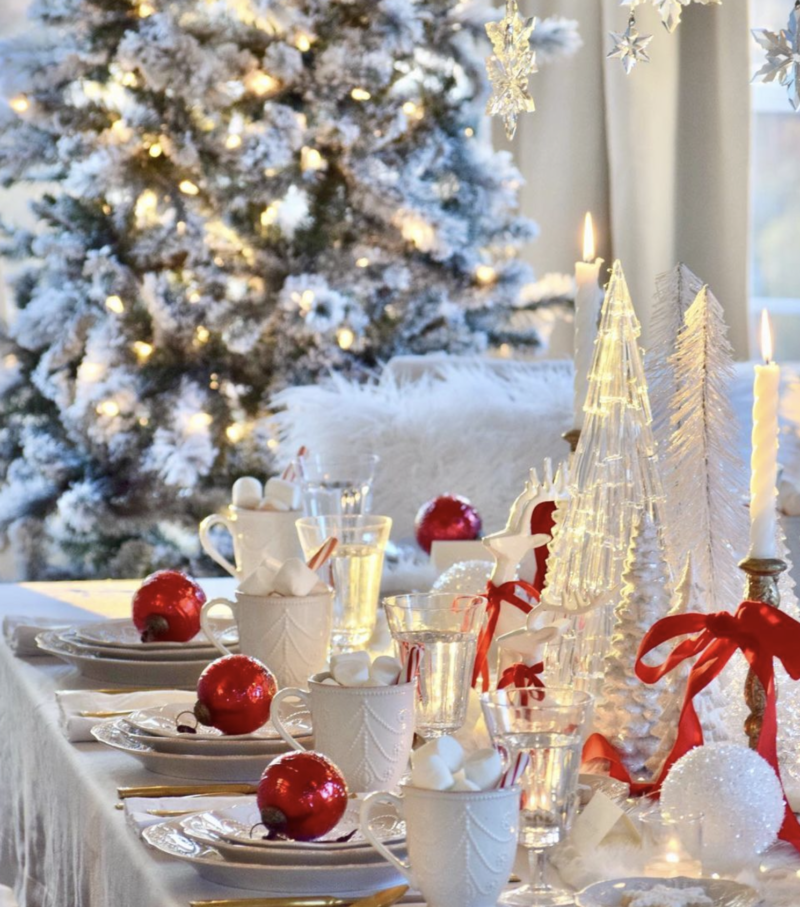 red and white christmas themed tablescape