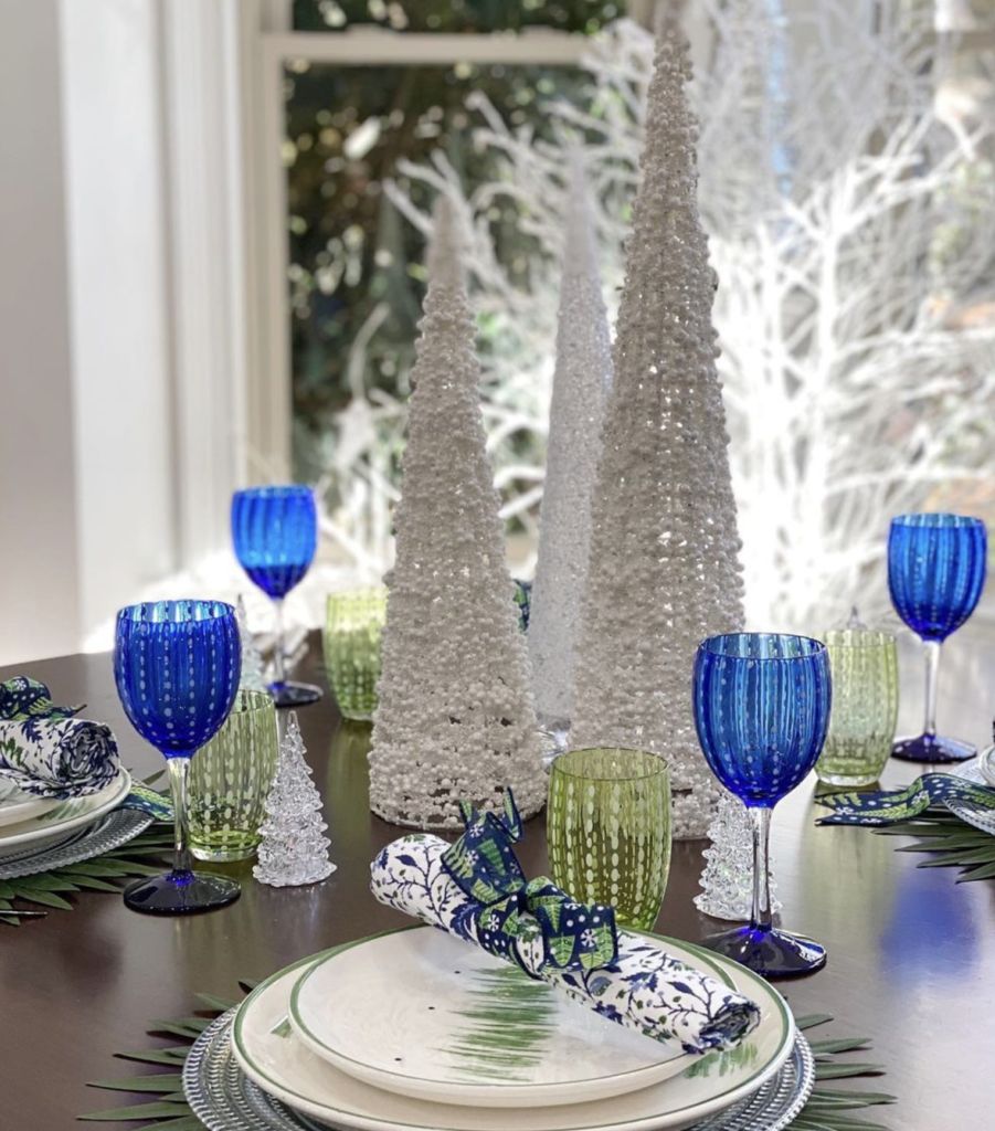 green and blue christmas table setting