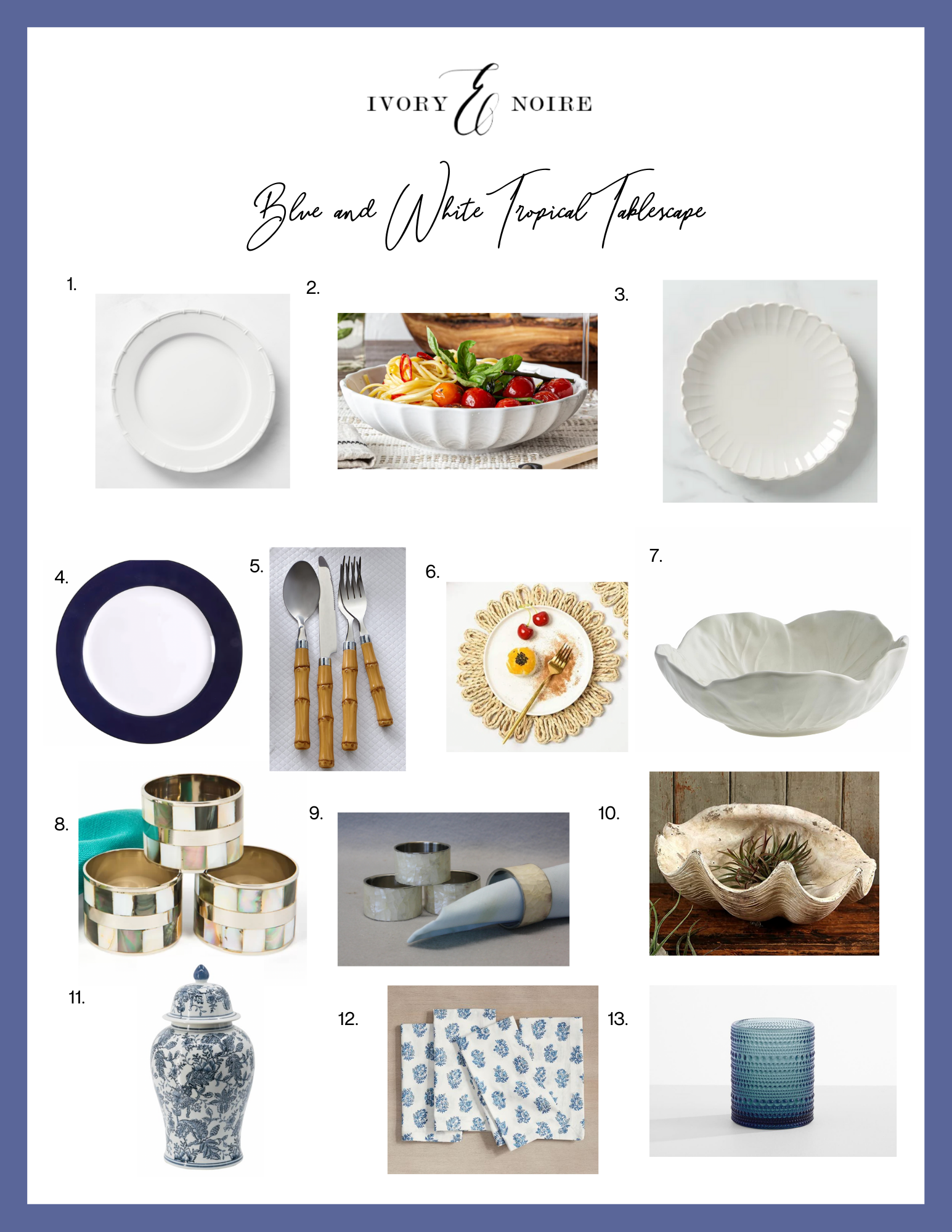 blue and white tropical tablescape